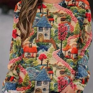 Women’s Scenic Village Print Pullover Top - Multi